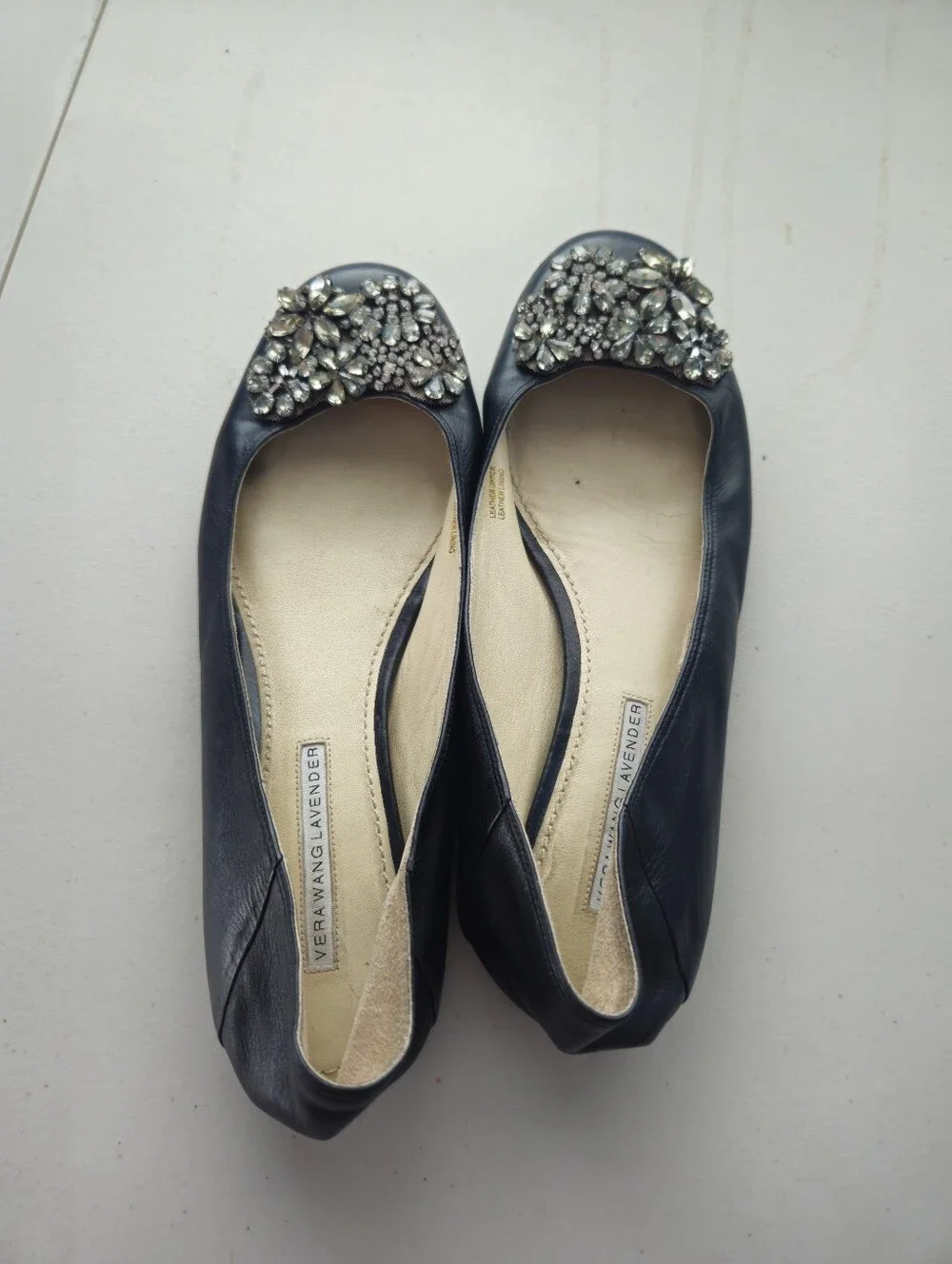 Vera Wang Lavender Black Leather Ballet Flats with Crystal Flower Appliqué